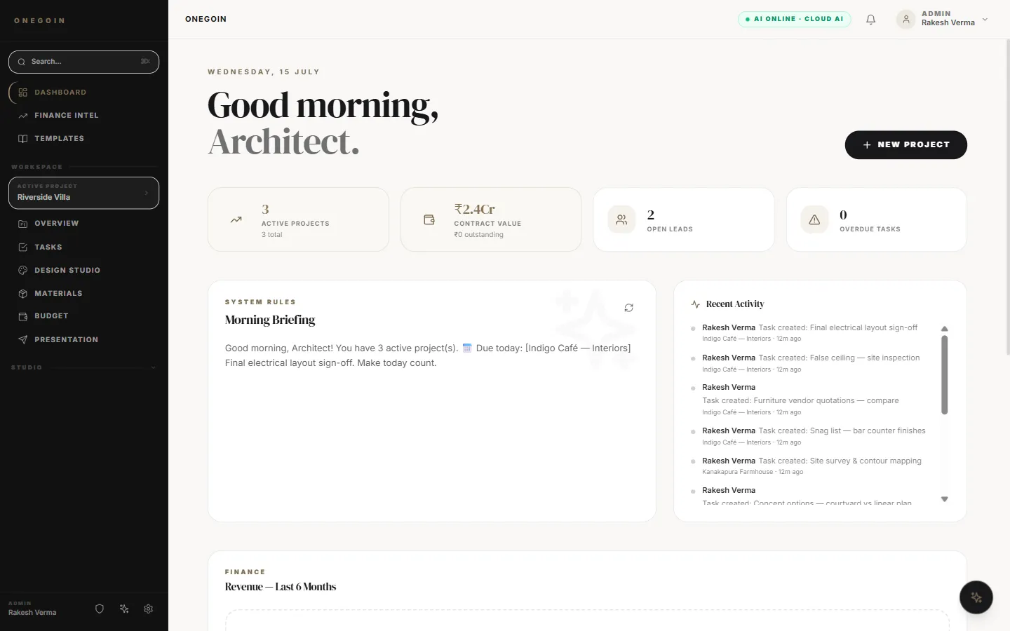 Onegoin studio dashboard: three active projects, ₹2.4 Cr contract value, open leads and the morning briefing