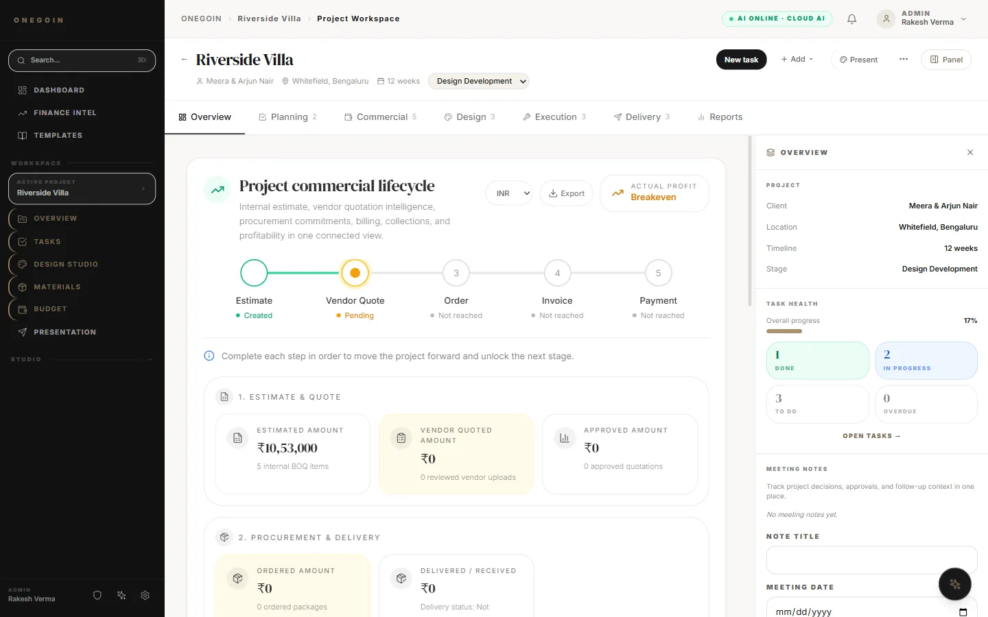 Onegoin project overview: commercial lifecycle from estimate to payment with task health