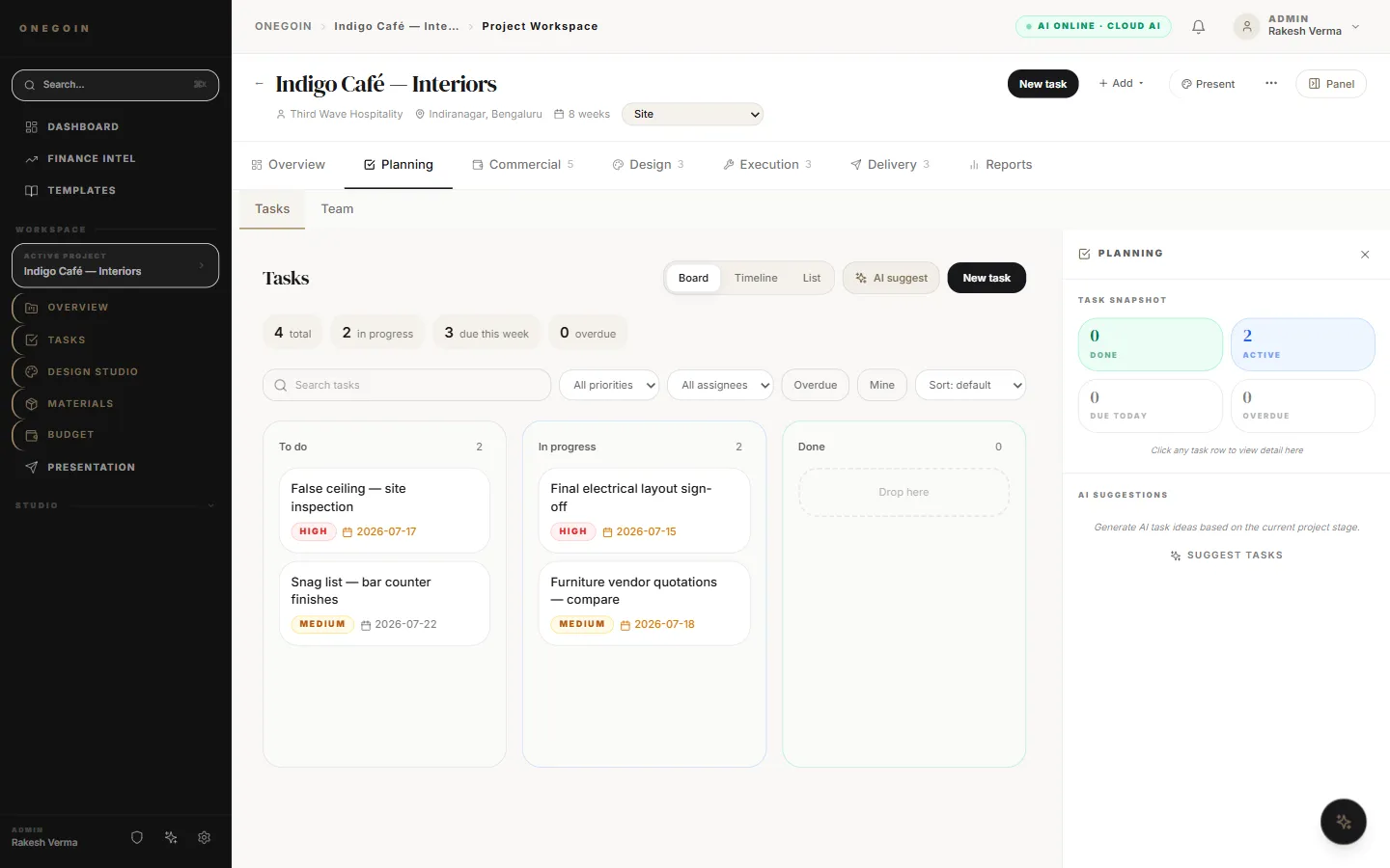 Onegoin task board for a café interiors project with to-do, in-progress and done columns